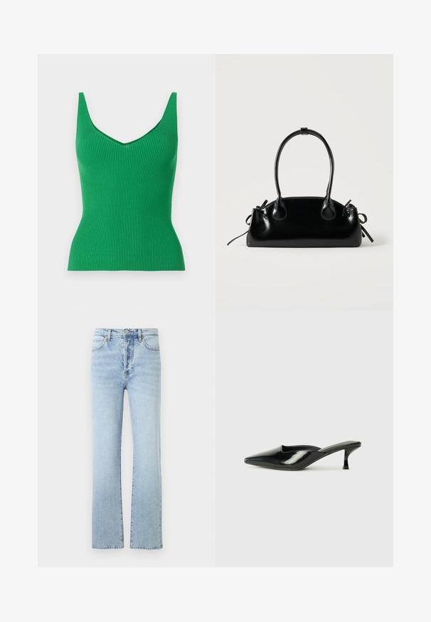 Débardeur vert à côtes avec un col en V et de larges bretelles. Texture lisse, design ajusté, et une couleur unie sans motifs ni embellissements.; Jean en denim bleu clair avec une coupe droite, dotés d'une taille haute, d'un style classique à cinq poches et d'un léger effet délavé.; Mules en cuir verni noir avec un bout pointu, un petit talon et des côtés courbés, présentant une finition brillante et un design minimaliste.; Petit sac à main noir brillant avec deux longues anses et des détails à cordon sur les côtés sur un fond clair uni.