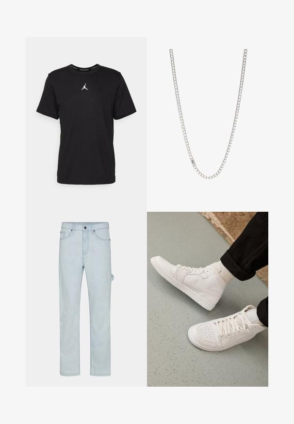 Sort bomulds t-shirt med korte ærmer, rund hals, med et hvidt Jumpman-logo på brystet og en glat, let tekstur.; Lysblå denimjeans, lige skåret, med knaplukning, fem lommer og sideløkker for ekstra funktionalitet.; Hvide høj-top sneakers lavet af glat læder med perforeret tå, snørelukning og subtil logo detaljer på siden. Tekstureret gummisål.; Sølv kædedesign med sammenkoblede led, glat tekstur og ensartet rektangulær form. Sikker lukning.