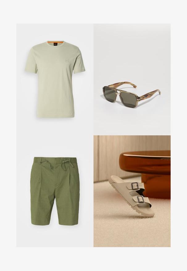 Hellgrünes T-Shirt mit kurzen Ärmeln aus Baumwolle. Verfügt über ein kleines quadratisches Logo auf der Brust und einen orangen Akzent am Ausschnitt.; Olivgrüne Shorts aus leichtem Material, mit elastischem Taillenbund und Kordelzug, gefaltetem Vorderdesign und knielanger Schnittform.; Beiger Sandale mit zwei schwarzen Schnallen balanciert auf einem weißen, strukturierten Boden vor einem runden, glänzenden, bernsteinfarbenen Tisch in einem minimalistisch eingerichteten Raum.; BOSS Sonnenbrille - brown