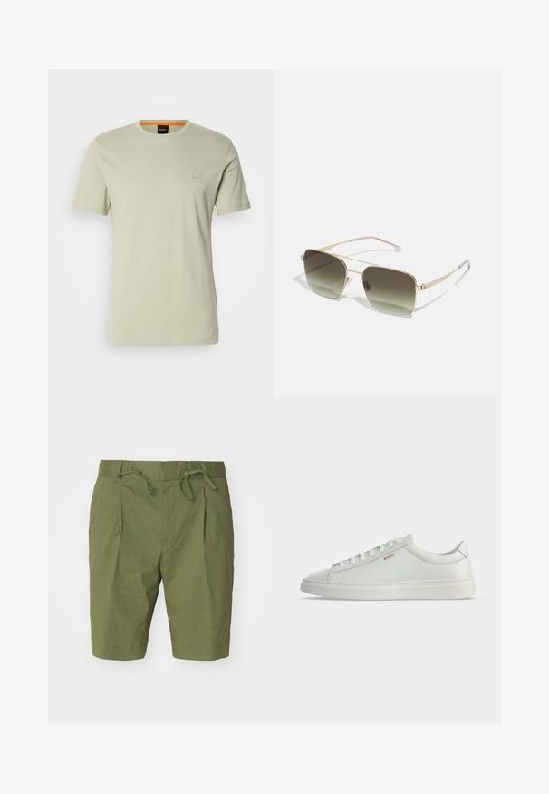 T-shirt vert clair à manches courtes en coton. Présente un petit logo carré sur la poitrine et un accent orange au niveau du col.; Shorts verts olive en tissu léger, avec une taille élastique dotée d'un cordon de serrage, un design plissé à l'avant et une coupe au genou.; Baskets basses blanches en cuir avec lacets, semelle plate et petit logo doré "BOSS" sur le côté, vues de l'extérieur.; BOSS Lunettes de soleil - gold-coloured