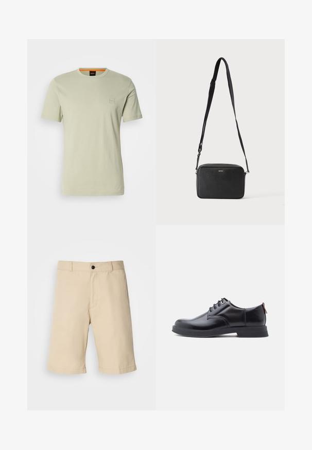 T-shirt vert clair à manches courtes en coton. Présente un petit logo carré sur la poitrine et un accent orange au niveau du col.; Shorts beiges en tissu léger, avec une taille plate, une taille standard avec fermeture à bouton, et un ourlet droit.; Chaussures en cuir noir à lacets avec une texture lisse, un bout arrondi et des détails de couture discrets. Présentent une languette rouge à l'arrière.; Sac bandoulière rectangulaire noir avec sangle réglable et logo BOSS sur le devant, sur un fond clair uni.