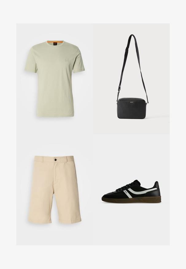 T-shirt vert clair à manches courtes en coton. Présente un petit logo carré sur la poitrine et un accent orange au niveau du col.; Shorts beiges en tissu léger, avec une taille plate, une taille standard avec fermeture à bouton, et un ourlet droit.; Baskets basses noires avec semelle marron, bandes blanches sur les côtés, lacets noirs et texte "BOSS" sur le côté, vues de profil extérieur.; Sac bandoulière rectangulaire noir avec sangle réglable et logo BOSS sur le devant, sur un fond clair uni.