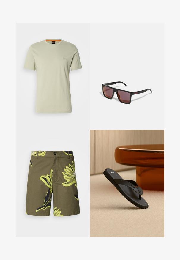 Hellgrünes T-Shirt mit kurzen Ärmeln aus Baumwolle. Verfügt über ein kleines quadratisches Logo auf der Brust und einen orangen Akzent am Ausschnitt.; Olivgrüne Shorts mit einem großen gelb-blauen Blumenmuster, aus leichtem Stoff gefertigt, mit Knopfverschluss und Seitentaschen.; Schwarze BOSS Flip-Flop Sandale auf einem beigen Teppich mit einem großen runden bernsteinfarbenen Tisch im Hintergrund.; Schwarze rechteckige Sonnenbrille mit dunkelroten Gläsern, mit matter Oberfläche und rotem Logo am Bügel. Robuster Kunststoffrahmen.