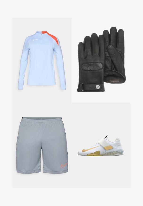Lichtblauwe sporttop met lange mouwen en een kwartrits, met oranje accenten op de schouders en een klein wit Nike-logo op de borst.; Lichtgrijze sportshorts met zwarte zijkanten, een elastische tailleband en een gestructureerde mesh zoom. Heeft een oranje Nike-logo op het linkerpijp.; Witte sportschoen met gouden accenten, een gestructureerde mesh bovenlaag, een gevoerde kraag en een doorschijnende rubberen zool; voorzien van een brede band over de middenvoet.; Een paar zwarte leren handschoenen met een geperforeerd stuk aan de achterkant, verstelbare band met knoop en een zachte voering.