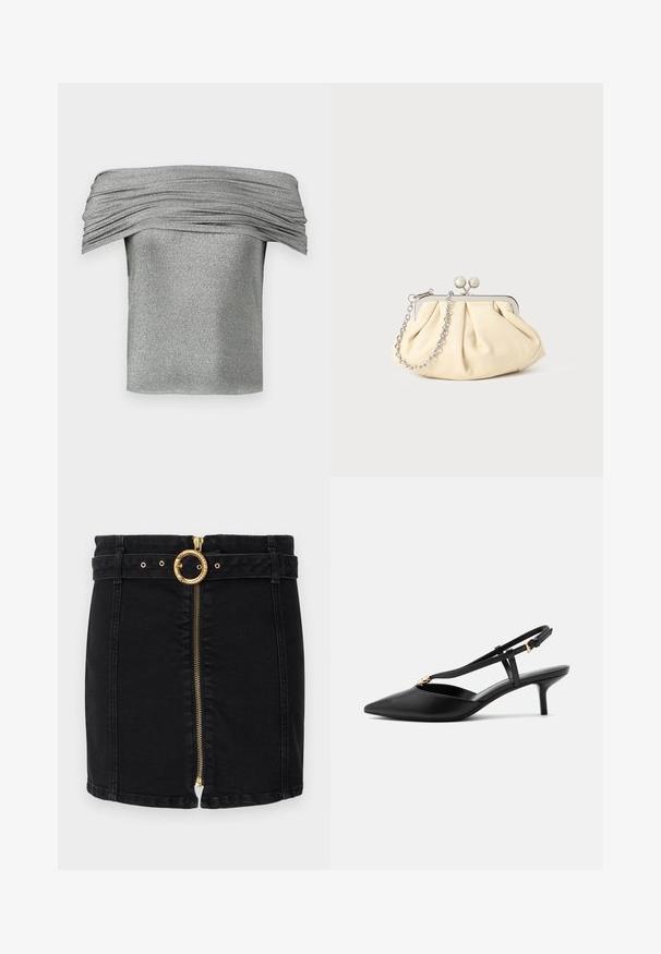 Haut argenté à épaules nues avec texture plissée, fabriqué à partir d'un tissu scintillant. Conception courte et ajustée avec une finition lisse.; Jupe en denim noir avec une boucle de ceinture circulaire en or, fermeture éclair à l'avant et passants de ceinture. Présente un design ajusté et un ourlet droit.; Escarpin slingback en cuir noir à petit talon kitten, bout pointu, fine bride en T, boucle réglable et petite décoration dorée sur la bride.; Pochette en cuir beige plissé avec un cadre en métal argenté, dotée de deux fermoirs ronds décoratifs et d'une chaîne en argent.