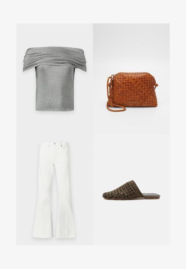 Haut argenté à épaules nues avec texture plissée, fabriqué à partir d'un tissu scintillant. Conception courte et ajustée avec une finition lisse.; Jeans en denim blanc évasés avec taille haute, dotés d'une fermeture à bouton, de deux poches avant et d'accents à ourlet brut au bas.; Mule tissée marron à enfiler avec une semelle plate et un bout fermé arrondi sur fond blanc.; Sac en cuir tressé marron en bandoulière avec une fermeture éclair, de forme arrondie et une poignée tressée. Il présente une petite plaque logo rectangulaire.