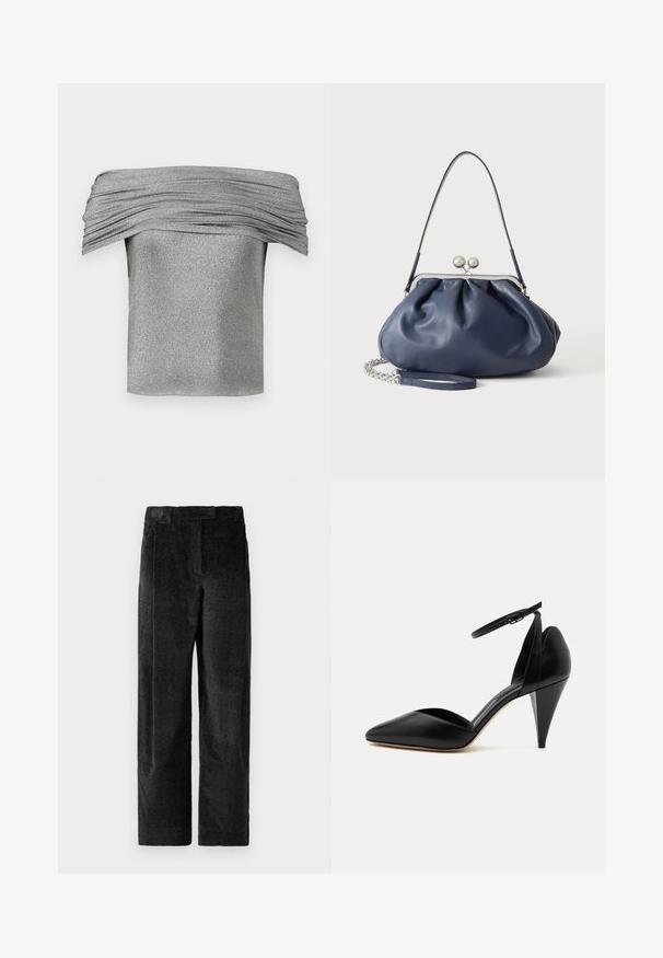 Haut argenté à épaules nues avec texture plissée, fabriqué à partir d'un tissu scintillant. Conception courte et ajustée avec une finition lisse.; Pantalons larges noirs texturés avec un tissage prononcé, dotés de plis à l'avant et d'une taille plate. Design classique pour la polyvalence.; Escarpin en cuir noir à bout pointu avec bride à la cheville et talon conique sur fond blanc.; Sac à main en cuir bleu marine doux avec fermeture à boucle argentée, une seule bandoulière, et une chaîne de poignet amovible sur fond blanc.