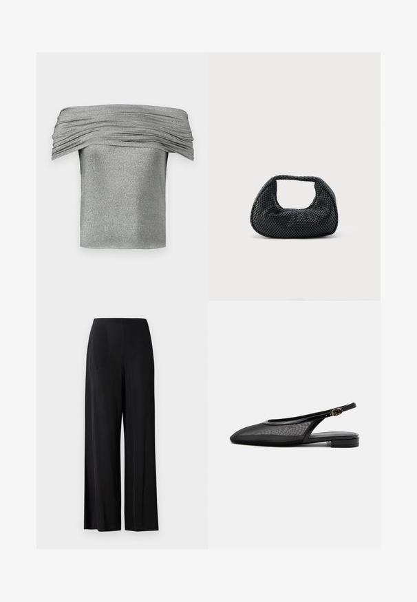 Haut argenté à épaules nues avec texture plissée, fabriqué à partir d'un tissu scintillant. Conception courte et ajustée avec une finition lisse.; Pantalons larges noirs en tissu lisse, avec une taille haute et sans poches ni éléments métalliques visibles. Design longueur sol.; Chaussure plate noire à bride arrière, bout pointu, tige en mesh, bride à boucle réglable et petit talon empilé sur fond blanc.; Sac hobo tissé noir avec une structure souple et une poignée intégrée, présenté sur un fond clair uni.