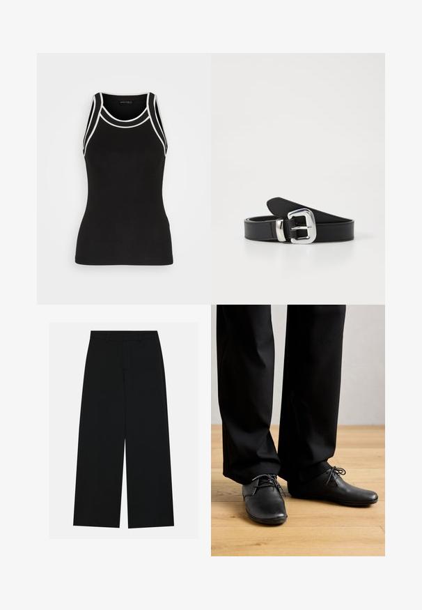 Schwarzes geripptes Tanktop mit weißen Akzenten. Verfügt über einen runden Halsausschnitt und ein Racerback-Design. Hergestellt aus einem dehnbaren Stoff für zusätzlichen Komfort.; Schwarzweite Hosen mit weitem Bein aus glattem Stoff. Besitzt einen flachen Bund mit Gürtelschlaufen und ohne sichtbare Taschen. Schlichtes Design.; Person, der schwarze klassisch Schuhe und schwarze Hose trägt, steht auf einem hellen Holzboden vor einem schlichten Hintergrund.; Schwarzer Leder-Gürtel mit einer silbernen Metallschnalle, der eine glatte Textur und ein sauberes, minimales Design aufweist.