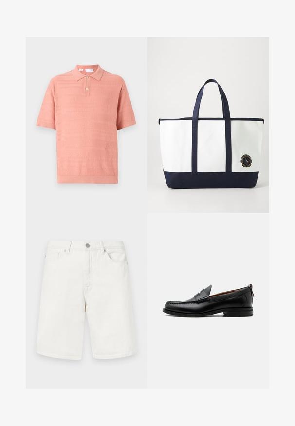 Kurzarm-Polo in Hellrosa mit strukturierten Mustern und einem Kragen mit zwei Knöpfen. Aus einem weichen, atmungsaktiven Strickmaterial gefertigt.; Weiße Jeansshorts mit geradem Schnitt, ausgestattet mit Fronttaschen, einem Bund mit Gürtelschlaufen und einem Metallknopfverschluss. Angenehme, glatte Textur.; Schwarzer Leder-Herrenschuh mit Mokassinnaht, Penny-Riemen, strukturiertem Kragen und niedrigem gestapeltem Absatz auf weißem Hintergrund.; Tote-Bag aus weißem Canvas mit marineblauen Akzenten. Verfügt über zwei robuste Griffe und ein Logo-Patch auf der Vorderseite. Rechteckige Form.