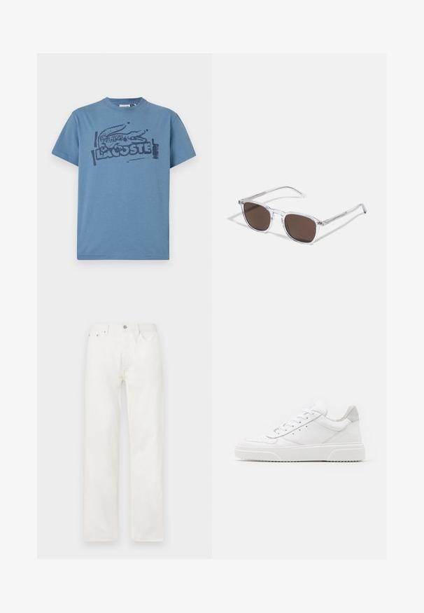 Blaues Baumwoll-T-Shirt mit einem dunklen bedruckten Krokodil-Logo und dem Text "LACOSTE". Rundhalsausschnitt, kurze Ärmel, lockere Passform.; Gerade geschnittene weiße Denim-Jeans mit Vordertaschen, Gürtelschlaufen und Knopfverschluss in der Taille, vor einem einfarbigen Hintergrund gezeigt.; Weiße Leder-Sneaker mit glatter Oberfläche, rundem Zehenbereich, flachen Schnürsenkeln und strukturiertem Schuhsohlen. Graues Wildleder-Detail an der Ferse.; Klarer Kunststoff-Sonnenbrillen mit rechteckigen braunen Gläsern, ausgestattet mit dünnen, transparenten Bügeln und Metallakzenten an den Schläfen.