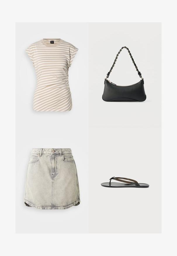 T-shirt à rayures beige et blanches, à manches courtes, avec un col rond et un tissu froncé sur les côtés pour la texture et l'ajustement. Logo de la marque visible.; Jupe en denim gris clair avec une texture délavée, dotée d'une taille à boutons, de poches avant et d'une ourlet légèrement courbé.; Sandale plate noire brillante type tongs avec des fines brides croisées sur le pied et un entre-doigts sur un fond clair uni.; Sac à bandoulière en cuir noir de forme rectangulaire incurvée, avec une chaîne dorée tissée dans la bandoulière noire tressée et une fermeture éclair sur le dessus.