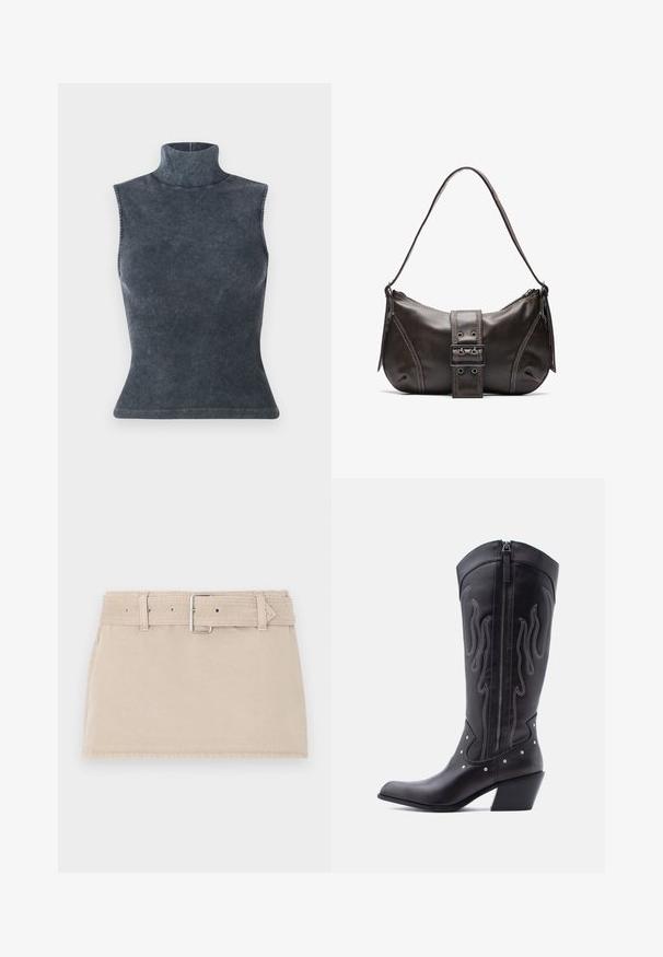 Rukáv bez rukávov v tmavošedej rebrovanej látke, s priliehajúcim strihom a hladkým povrchom, so zakriveným lemom.; Abercrombie & Fitch BELTED MINI - Denimová sukňa - beige; Čierne kožené kovbojské čižmy so špicatou špičkou, viditeľným prešívaním, striebornými ozdobnými nitmi a zipsom na vnútornej strane.; Hnedá kožená taška cez plece s zakriveným tvarom, s výrazným detailom sponky, kontrastným prešívaním a jedným popruhom na plece.