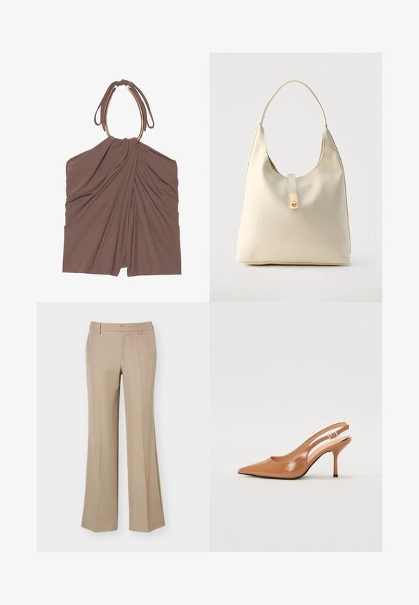 Top de tela marrón con drapeado recogido y un diseño de cuello halter único. Presenta una textura suave y una silueta elegante.; Pantalones de vestir beige para mujer con trabillas, pliegue frontal y corte recto de pierna ancha sobre un fondo blanco liso.; Zapato de tacón tipo slingback con punta afilada en un material suave y brillante de color marrón. Presenta un diseño con corte curvado y un tacón de aguja delgado. Detalle de hebilla plateada.; Bolso hobo de cuero color crema con una sola correa para el hombro, textura suave y detalle de cierre metálico dorado en el frente.