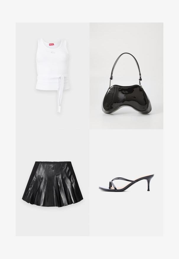 Débardeur blanc côtelé sans manches, avec encolure ronde, logo Diesel sur la poitrine, et longue ceinture en tissu nouée à la taille.; Jupe plissée noire avec un devant en cuir brillant et une ceinture noire unie ornée d'un petit détail métallique. Des panneaux en cuir texturé rehaussent le design.; Sandale à talon en cuir verni noir avec fines lanières croisées et talon aiguille moyen et élancé sur fond blanc.; Sac à main en cuir verni noir avec une forme incurvée unique, une anse courte et ajustable, et une fermeture zippée. Texture lisse avec un branding discret.