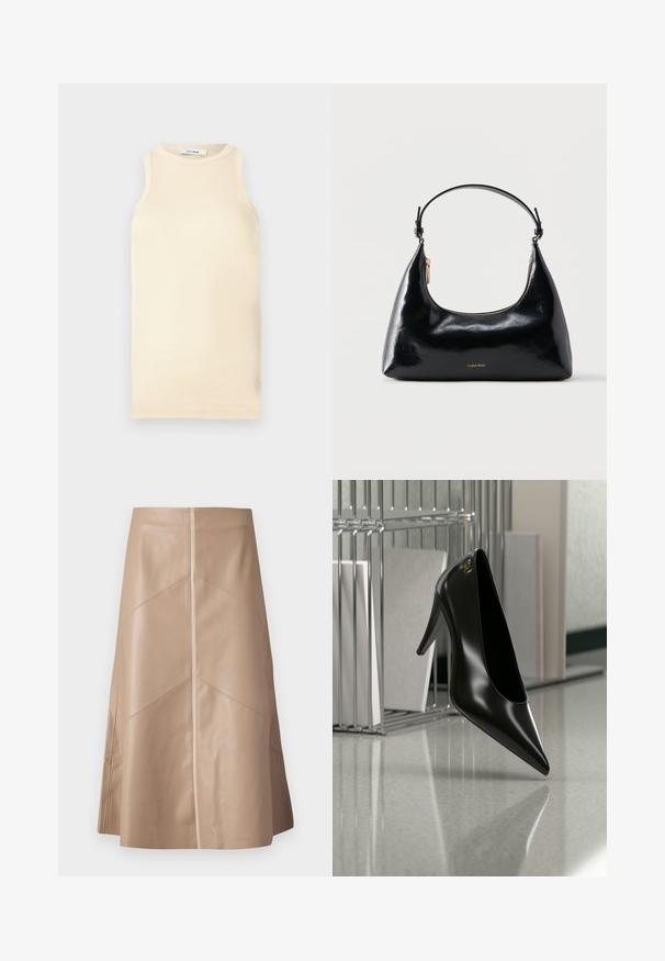 Lys beige ærmeløs top lavet af ribbet stof, med en rund halsudskæring og tætsiddende design. Glat tekstur med minimale sømme.; Beige faux læder A-line nederdel med diskrete paneldetaljer og en glat mat overflade, knælang og højliv.; Sort højhælet sko med spids tå og guldlogo, placeret på en reflekterende overflade nær en krom trådfilholder med dokumenter.; Sort blank Calvin Klein håndtaske med gyldent lynlås og kort rem mod en ensfarvet hvid baggrund.