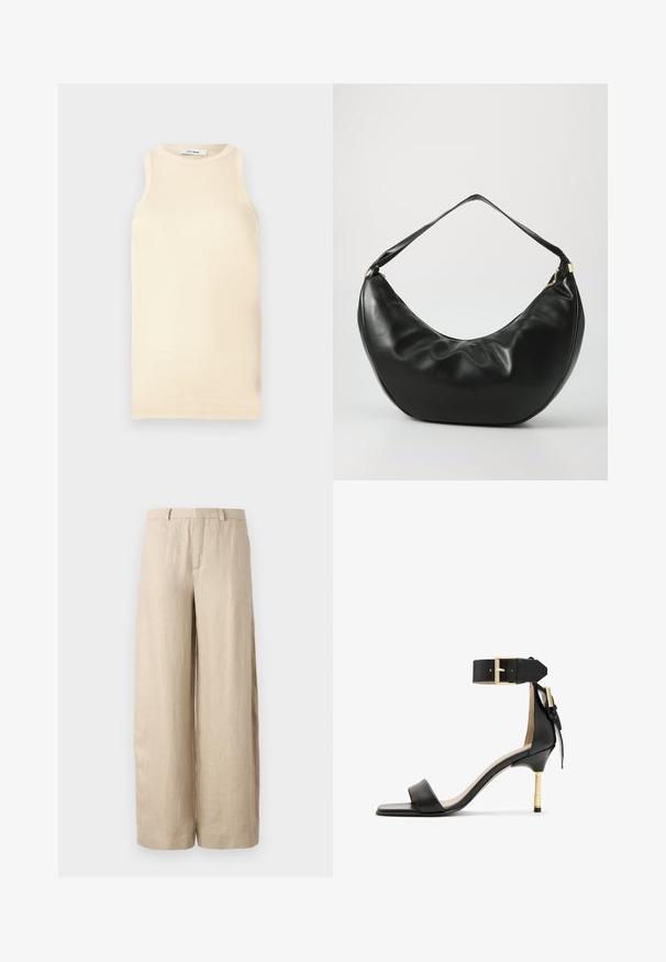 Top sin mangas de color beige claro, hecho de tejido acanalado, que presenta un escote redondo y un diseño ajustado. Textura suave con costuras mínimas.; Pantalones anchos color beige, hechos de lino. Presentan un pliegue frontal, dos bolsillos laterales y una cinturilla con pasadores para cinturón. Textura suave.; Sándal de tacón de cuero negro con punta cuadrada, correa en el tobillo con hebilla dorada y un tacón metálico esbelto. Textura suave, diseño minimalista.; Bolso de hombro de cuero negro con una forma curva, textura suave y una sola correa; cuenta con un zipper dorado y un branding sutil.