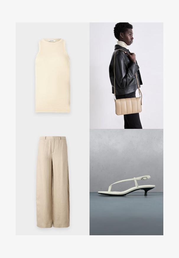 Lichtbeige mouwloze top van ribstof, met een ronde halslijn en een fitted ontwerp. Glad oppervlak met minimale naden.; Beige wijde linnen broek. Voorzien van een middenplooi, twee zijzakken en een tailleband met riemlussen. Gladde textuur.; Witte sandaal met smalle bandjes en kitten heel, met een spitse neus, zwevend boven een houten tegelvloer buiten, met op de achtergrond een wazige plant en muur.; Beige leren crossbody tas met een gequilt ontwerp, rechthoekige vorm, dunne schouderband en zilverkleurige hardware, gedragen door een persoon in een zwarte jas.