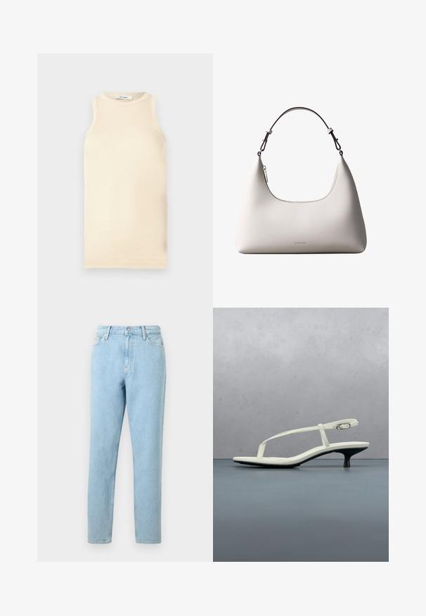Top sin mangas de color beige claro, hecho de tejido acanalado, que presenta un escote redondo y un diseño ajustado. Textura suave con costuras mínimas.; Pantalones vaqueros de denim azul claro con un corte recto, diseño de cinco bolsillos y cierre de botones. Presentan un ligero desvanecimiento y una textura suave.; Sandalia blanca de tacón kitten con tiras y punta afilada, flotando sobre un suelo de baldosas de madera al aire libre, con un fondo desenfocado de plantas y pared.; Bolso de hombro de cuero color crema de Calvin Klein con borde superior curvado, cremallera plateada y correa ajustable marrón oscuro.