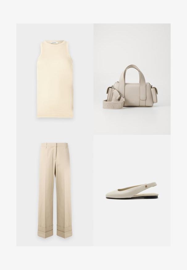 Top sin mangas de color beige claro, hecho de tejido acanalado, que presenta un escote redondo y un diseño ajustado. Textura suave con costuras mínimas.; Pantalones beige de corte recto, con un doble puño en el dobladillo y un diseño de frente plano. Fabricados en una tela suave y duradera.; Zapato plano slingback de cuero color crema con puntera redondeada y pequeño emblema dorado en la correa.; Bolso beige con diseño estructurado, hecho de material sintético. Cuenta con dos asas superiores, una correa para el hombro desmontable y un bolsillo con cremallera.