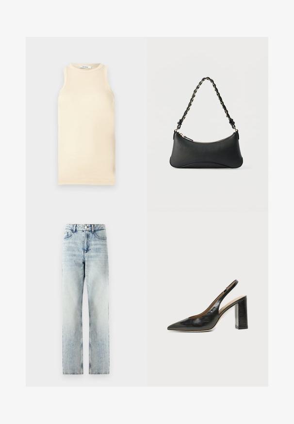 Lys beige ærmeløs top lavet af ribbet stof, med en rund halsudskæring og tætsiddende design. Glat tekstur med minimale sømme.; Lyseblå højtaljede jeans i denim. Lige bendesign med subtil falming, fem lommer og lukning med metalknap.; Sort læder peep-toe slingback sko med høj blokhæl og beige indvendig foring mod en ensfarvet lys baggrund.; Sort skuldertaske i læder med en buet rektangulær form, gyldent kæde vævet ind i en flettet sort rem og toplynlås.