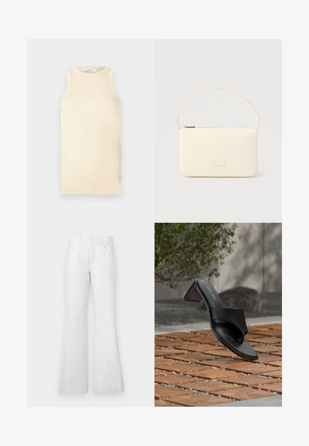Top sin mangas de color beige claro, hecho de tejido acanalado, que presenta un escote redondo y un diseño ajustado. Textura suave con costuras mínimas.; Jeans de mezclilla blancos acampanados con cintura alta, que cuentan con bolsillos frontales, passantes para cinturón y un clásico cierre de botón. Textura suave, diseño informal.; Sandalia de tacón negra de Calvin Klein con lazo en el dedo sobre un suelo de baldosas de madera al aire libre, cerca de un árbol y un muro de piedra.; Bolso rectangular color crema con una sola correa y cremallera superior, con una pequeña placa de logotipo en relieve en el frente.