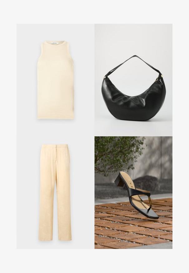 Lichtbeige mouwloze top van ribstof, met een ronde halslijn en een fitted ontwerp. Glad oppervlak met minimale naden.; Lichtgele, loszittende broek met een subtiel bladerenpatroon. Voorzien van een elastische tailleband en een recht model. Glad textuur.; Zwarte sandaal met hak, teenlus en gouden accent, geplaatst op een houten en stenen geplaveid oppervlak buiten nabij groen.; Zwarte leren schoudertas met een gebogen vorm, zachte textuur en een enkele schouderband; beschikt over een gouden rits en subtiele branding.