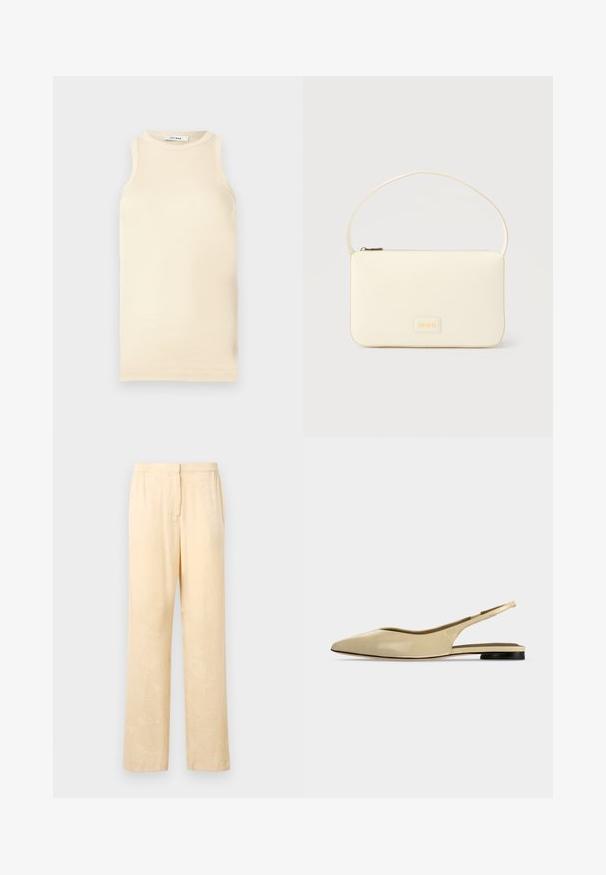 Top sin mangas de color beige claro, hecho de tejido acanalado, que presenta un escote redondo y un diseño ajustado. Textura suave con costuras mínimas.; Pantalones sueltos de color amarillo claro con un sutil estampado de hojas. Cuentan con una cinturilla elástica y un diseño de pierna recta. Textura suave.; Zapato plano beige con puntera puntiaguda, diseño slingback, tacón bajo negro y acabado en cuero liso, mostrado de perfil sobre un fondo liso.; Bolso rectangular color crema con una sola correa y cremallera superior, con una pequeña placa de logotipo en relieve en el frente.