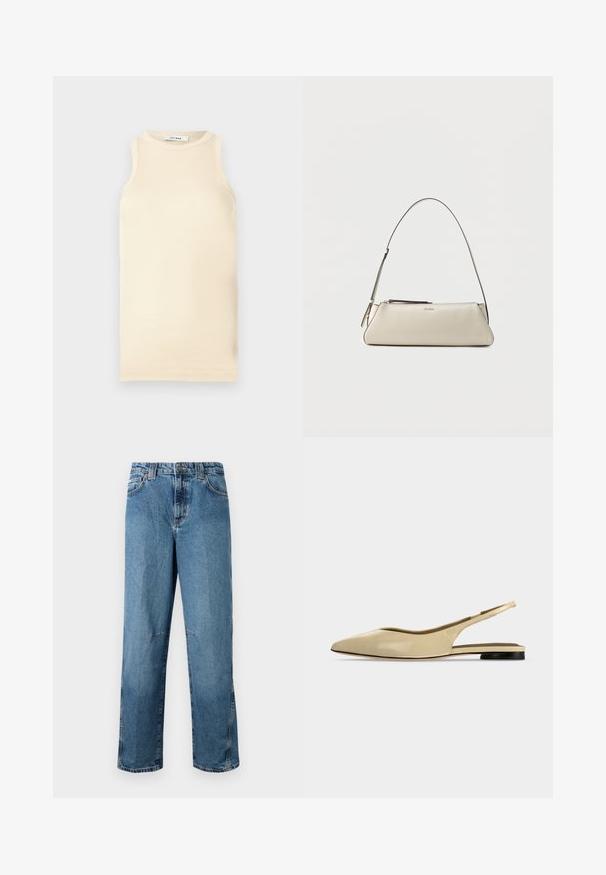 Lichtbeige mouwloze top van ribstof, met een ronde halslijn en een fitted ontwerp. Glad oppervlak met minimale naden.; Lichtblauwe denim jeans met een rechte snit, voorzien van gestikte zakken, een knoopsluiting aan de voorkant en een minimale vervaging van de stof.; Beige platte slingback schoen met puntige neus, lage zwarte hak en een glad leren afwerking, zijaanzicht op een effen achtergrond.; Kleine beige leren schoudertas met dunne band en ritssluiting, voorzien van een discreet metalen logo aan de voorzijde in het midden.