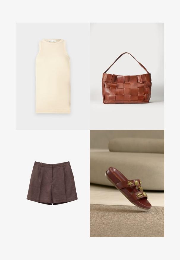 Lichtbeige mouwloze top van ribstof, met een ronde halslijn en een fitted ontwerp. Glad oppervlak met minimale naden.; Bruine op maat gemaakte shorts met hoge taille, riemlussen en zijzakken, gemaakt van gestructureerde stof, getoond op een witte achtergrond.; Bruine slipper met twee banden versierd met gouden zee-schelpjes en zeesterren, zwevend net boven een beige tapijt.; Bruine leren handtas met brede geweven bandjes en een enkele schouderband op een effen lichte achtergrond.