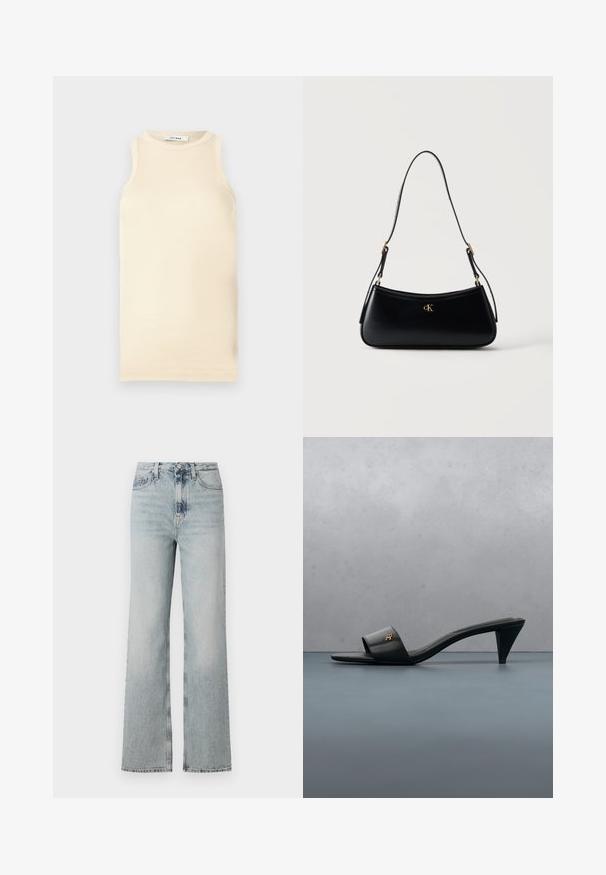 Lichtbeige mouwloze top van ribstof, met een ronde halslijn en een fitted ontwerp. Glad oppervlak met minimale naden.; Hoge taille, lichtblauwe denim jeans met een brede pijp-silhouet, uitgerust met vijf zakken en een subtiele vervaging langs de stof.; Zwarte leren open-teen sandaal met hak en een gouden logo op het bandje, zwevend boven een betegeld buitenoppervlak met groen op de achtergrond.; Zwarte leren schoudertas met gebogen vorm, verstelbare riem en goudkleurig "cK" logo aan de voorkant in het midden.