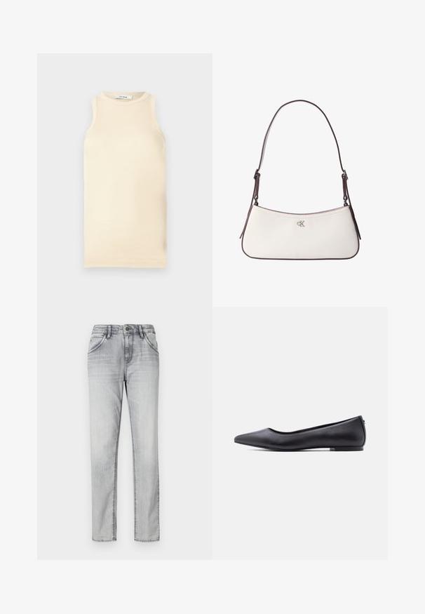 Top sin mangas de color beige claro, hecho de tejido acanalado, que presenta un escote redondo y un diseño ajustado. Textura suave con costuras mínimas.; Jeans de mezclilla gris con un corte clásico, que presentan un cierre de botón, cinco bolsillos y un ligero desvanecimiento para dar textura. Diseño de pernera recta.; Zapato plano de cuero negro con punta puntiaguda y tacón bajo, mostrado de perfil contra un fondo blanco.; Bolso de hombro de cuero blanco con ribete marrón oscuro y correa ajustable, con pequeño logo plateado "cK" en el centro frontal.