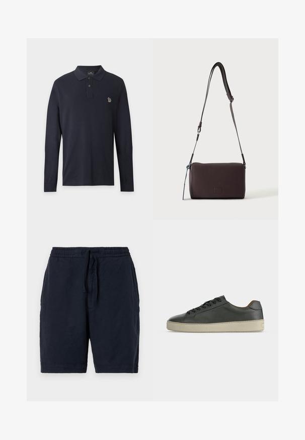Polo bleu marine à manches longues avec deux boutons et un petit logo zèbre multicolore brodé sur la poitrine gauche.; Shorts en lin navy avec une taille élastique et un cordon de serrage, offrant une coupe décontractée et une surface légèrement texturée.; Baskets basses en cuir noir avec lacets noirs et semelle en caoutchouc écrue, vues de côté extérieur sur fond blanc.; Sac bandoulière en cuir marron foncé texturé avec une sangle réglable et un petit accent décoratif bleu sur le côté.