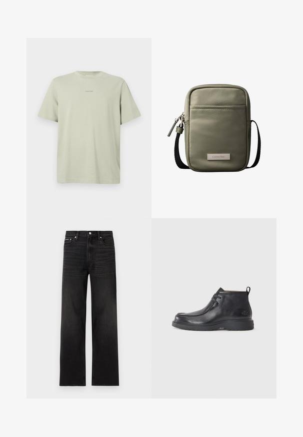 T-shirt en coton vert clair avec un col rond, des manches courtes et un petit logo Calvin Klein imprimé en une teinte plus foncée sur la poitrine.; Jean noir droit avec cinq poches, passants pour ceinture et fermeture par bouton, présenté sur un fond blanc.; Bottes noires en cuir à talon arrondi, avec un design à lacets et une languette à l'arrière. Tige texturée et semelle en caoutchouc.; Sac bandoulière compact vert olive avec poche avant, sangle noire réglable, fermeture zippée et plaque logo Calvin Klein.