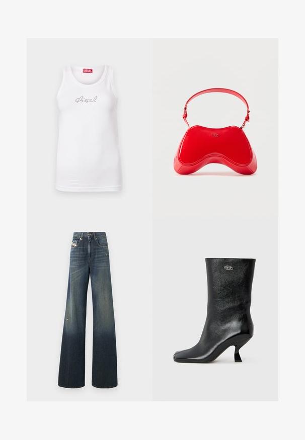 Débardeur blanc sans manches avec col rond, orné d'un petit texte en strass formant "diesel" sur la poitrine et d'une étiquette rouge Diesel à l'intérieur du col.; Jean en denim à jambes larges de couleur bleu foncé avec une finition délavée, présentant un genou usé et un design classique à cinq poches avec une étiquette.; Bottine en cuir noir avec une finition brillante, un bout carré et un design de talon incurvé unique. Elle présente un petit logo métallique en accent.; Sac en cuir verni rouge avec une forme incurvée et ergonomique, doté d'une fine sangle réglable et d'un discret logo sur le devant.