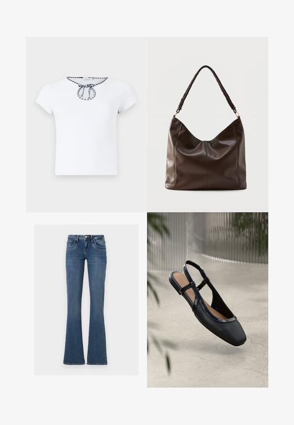T-shirt blanc à manches courtes avec un col rond et un détail de cordon noir et blanc en tissu à carreaux au niveau du col. Texture de tissu douce.; Jean denim bleu à taille mi-haute, style cinq poches, fermeture par bouton et zip, avec jambes évasées sur un fond blanc uni.; Chaussure plate slingback en cuir noir avec un orteil carré, dotée d'un fini verni brillant et de sangles ajustables pour un maintien sécurisé.; Sac à bandoulière en cuir brun foncé avec une poignée tressée et des coutures apparentes sur le devant.