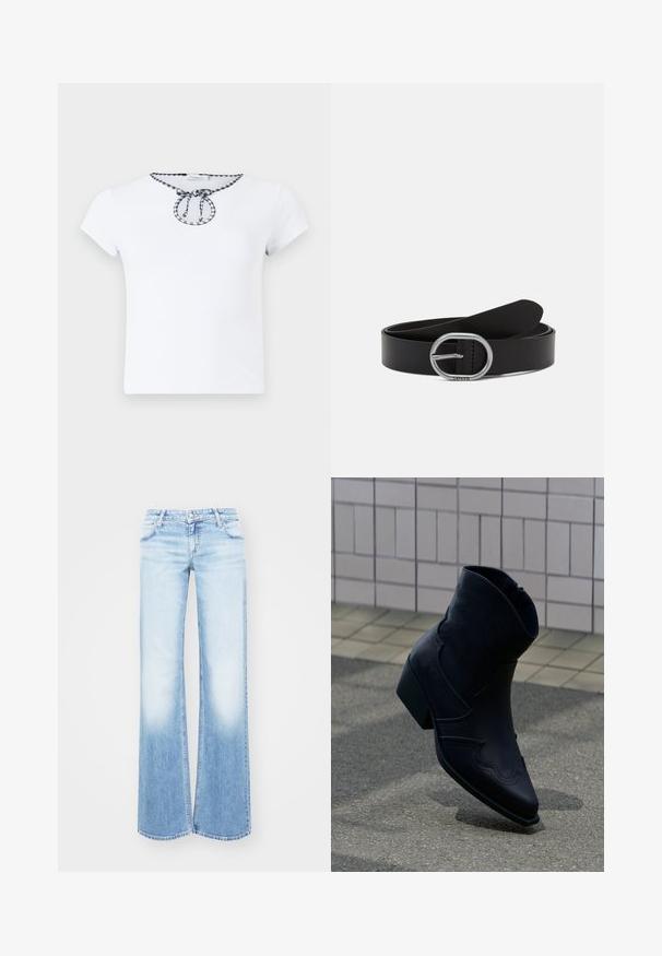 T-shirt blanc à manches courtes avec un col rond et un détail de cordon noir et blanc en tissu à carreaux au niveau du col. Texture de tissu douce.; Jean flare en denim bleu clair avec un dégradé progressif. Dispose d'un design classique à cinq poches et d'une fermeture à bouton en métal à la taille.; Bottine en cuir noir avec un petit talon, couture décorative et bout pointu, positionnée debout sur une surface pavée à côté d’un mur carrelé.; Ceinture en cuir noir avec une boucle en argent circulaire. Présente une texture lisse et un design minimaliste, avec des bords nets et sans motifs visibles.