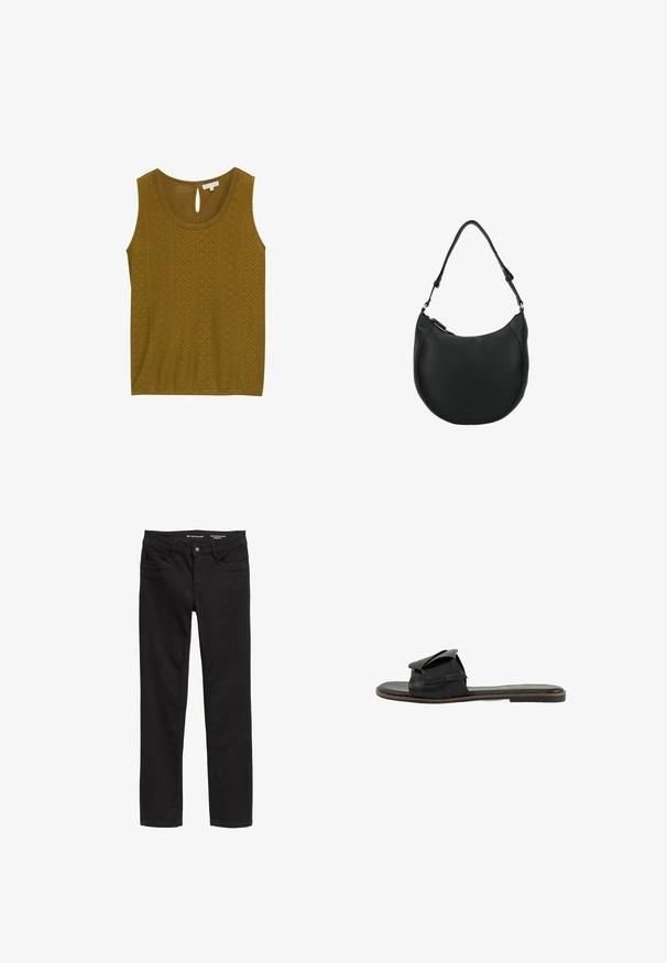 Top sans manches vert olive présentant un motif texturé avec des découpes et une fermeture en forme de goutte dans le dos. Tissu doux et coupe décontractée.; Jean noir à jambes droites en denim, doté de cinq poches, d'une fermeture à bouton et d'une texture subtile. Logo de la marque à l'intérieur de la taille.; Sandale slide en cuir noir avec une large sangle à détail plissé, design ouvert à l'avant, semelle plate et accents cousus.; Sac à épaule en cuir noir avec une forme arrondie, surface texturée, bandoulière réglable et un logo discret sur le devant.
