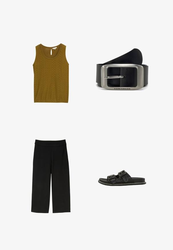 Top sans manches vert olive présentant un motif texturé avec des découpes et une fermeture en forme de goutte dans le dos. Tissu doux et coupe décontractée.; Pantalons larges noirs fabriqués dans un tissu lisse et extensible. Dotés d'une large taille et sans fermetures visibles. Design simple.; Sandale à glissière en cuir noir avec doubles boucles, semelle plate et coutures blanches sur le bord, présentant une texture lisse et un design ouvert.; Ceinture en cuir noir avec un design large, une boucle en métal argenté avec une fermeture à ardillon, et la marque "TOM TAILOR" embossée sur la ceinture.
