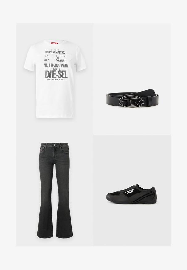 T-shirt en coton blanc arborant un texte noir en gras avec les phrases "DIE-SEL" et "AUTOMAT". Coupe col rond et manches courtes. Texture lisse.; Jean en denim noir à coupe évasée, avec une taille mi-haute, un design à cinq poches et des détails de couture sur les poches. Texture lisse avec un léger éclat.; Chaussures de sport noires avec tige en daim et synthétique, dotées d'un design texturé, d'un bout arrondi et d'une semelle plate. Accent logo argenté sur le côté.; Ceinture en cuir noir avec une large sangle, une boucle ovale en argent au design géométrique, et une texture lisse sur toute sa surface.