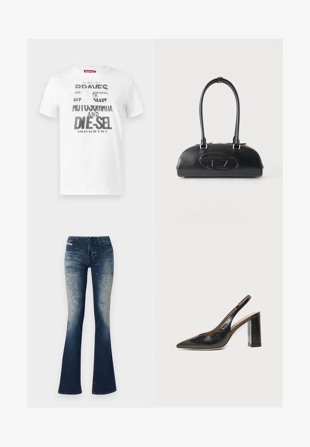 T-shirt en coton blanc arborant un texte noir en gras avec les phrases "DIE-SEL" et "AUTOMAT". Coupe col rond et manches courtes. Texture lisse.; Jean en denim évasé avec un bleu foncé délavé, surface texturée et fermeture éclair. Design à cinq poches avec étiquette de marque.; Chaussure slingback en cuir noir à bout pointu avec un talon bloc haut et une doublure intérieure beige sur un fond clair uni.; Sac à main en cuir noir avec longues poignées doubles et logo ovale embossé sur le devant, présenté sur un fond clair uni.