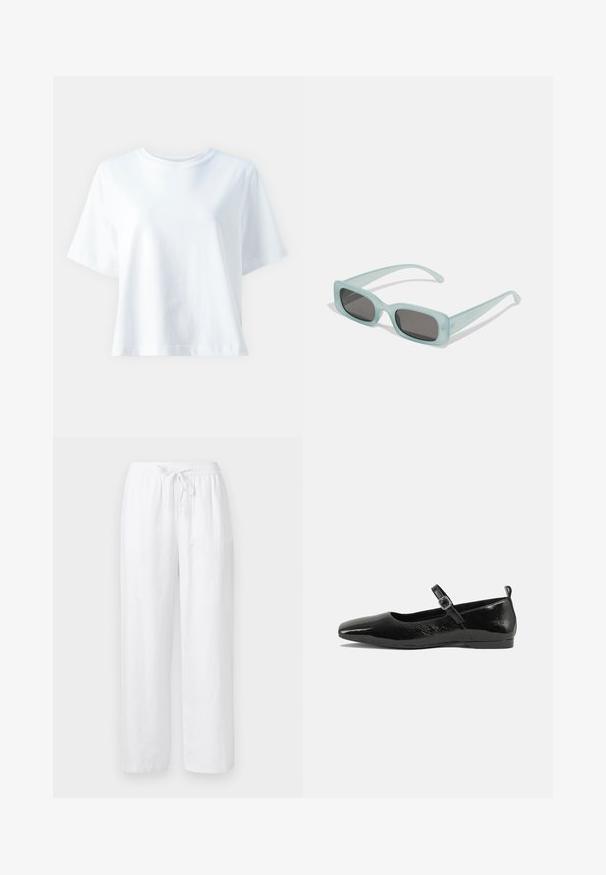 T-shirt en coton blanc avec un col rond, des manches courtes, une coupe décontractée et une texture lisse. Aucune motif ni accent visible.; Pantalon ample en mélange de lin blanc avec ceinture élastique et cordon à l'avant, coupe droite.; Chaussure plate en cuir verni noir avec un bout pointu, une sangle de cheville avec boucles, et une texture lisse et brillante. Talon bas pour le confort.; Une paire de lunettes de soleil rectangulaires avec des montures translucides bleu clair et des verres gris foncé, présentant des branches droites et des détails matériels minimaux.