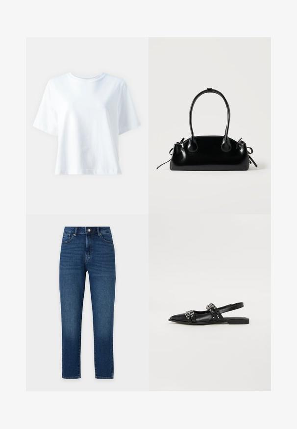 T-shirt en coton blanc avec un col rond, des manches courtes, une coupe décontractée et une texture lisse. Aucune motif ni accent visible.; Jean classique en denim bleu à coupe droite, cinq poches, passants pour ceinture, fermeture à bouton et à glissière, présenté sur fond blanc.; Even&Odd by Zalando Ballerines à brides arrière - black; Petit sac à main noir brillant avec deux longues anses et des détails à cordon sur les côtés sur un fond clair uni.