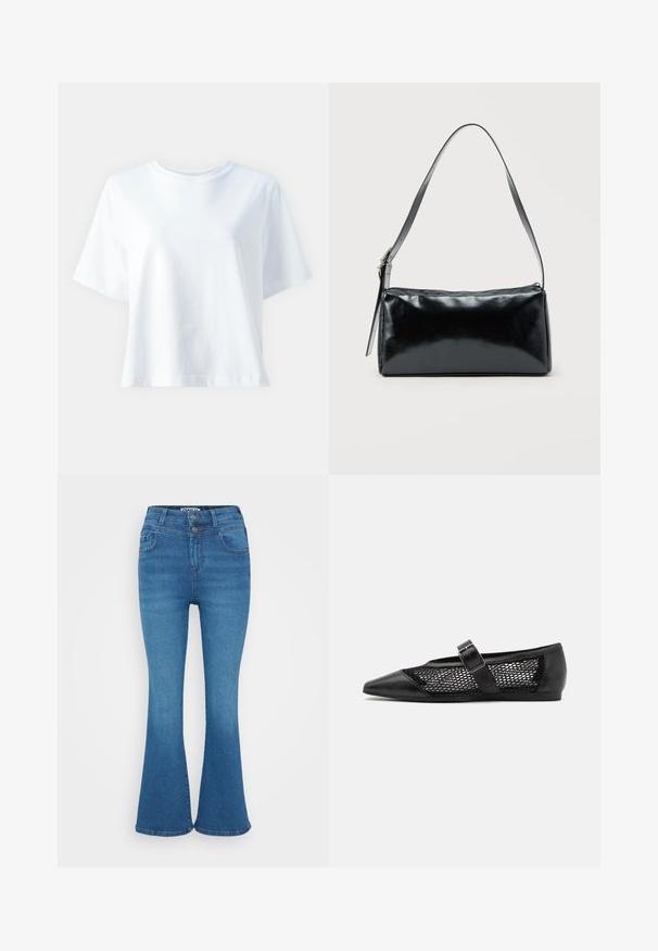 T-shirt en coton blanc avec un col rond, des manches courtes, une coupe décontractée et une texture lisse. Aucune motif ni accent visible.; Jean flair en denim bleu avec taille haute, fermeture à deux boutons et décoloration subtile. Design classique à cinq poches, texture lisse.; Chaussure plate noire avec un bout pointu, panneaux latéraux en maille et une sangle avec une boucle décorative. Fini lisse sur les sections du bout et du talon.; Sac d'épaule rectangulaire noir avec une sangle réglable unique et une fermeture éclair supérieure sur un fond uni.