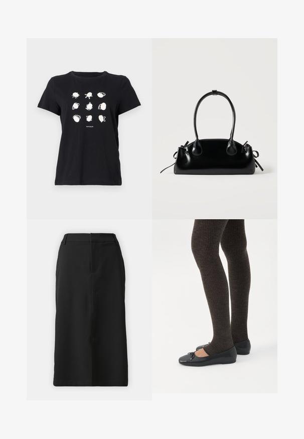 T-shirt en coton noir avec des illustrations imprimées de coquillages et de créatures marines en blanc disposées en grille, avec un col rond et des manches courtes.; Jupe crayon noire longueur genou avec une coupe ajustée, poches avant et texture lisse. Dotée d'une fermeture éclair à l'arrière.; Jambes portant des leggings côtelés foncés associés à des ballerines noires avec de petits détails en nœud sur fond blanc.; Petit sac à main noir brillant avec deux longues anses et des détails à cordon sur les côtés sur un fond clair uni.