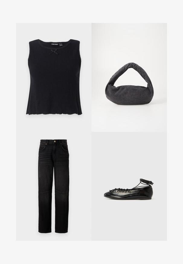 Schwarzes, geripptes Trägershirt mit rundem Ausschnitt, ärmellosem Design und einem kleinen schwarzen Schleifenakzent vorne. Ausgestellter Saum und strukturiertes Material.; Schwarze Jeans aus Denim mit geradem Bein, fünf Taschen, Knopfverschluss und dezenten Ausbleichungen an den Oberschenkeln und Knien.; Schwarze Ballerinas aus Lackleder mit runder Spitze, Schnürdesign und flacher Sohle. Glatte Textur mit minimaler Verzierung.; Dunkelgraue Stofftasche mit einem gebogenen Griff, weicher Textur und runder Form. Keine sichtbaren Beschläge oder Verzierungen.