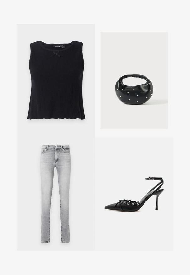 Top de tirantes negro de canalé con escote redondeado, diseño sin mangas y un pequeño lazo negro en la parte delantera. Dobladillo acampanado y material texturizado.; Jeans de corte ajustado en denim gris claro. Presentan un diseño clásico de cinco bolsillos, cierre frontal con botón y un sutil desvanecimiento para textura.; Zapato de tacón alto negro con punta fina, bordes ondulados, ojales metálicos, cordones delanteros y una correa en el tobillo con cierre de hebilla.; Bolso de mano de cuero negro con forma redondeada, decorado con detalles de tachuelas plateadas y un asa corta. Textura lisa y cierre con cremallera.