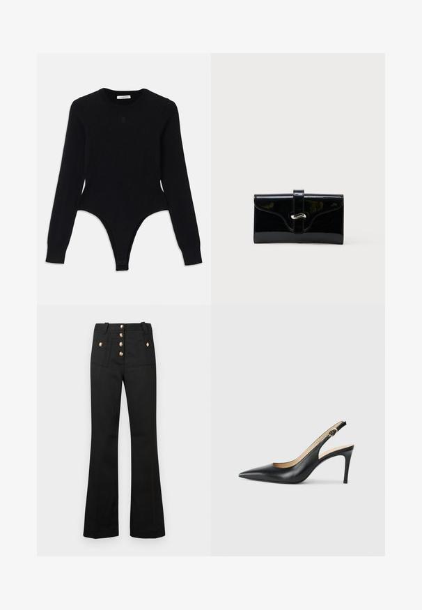 Sort langærmet bodysuit med rund halsudskæring, tætsiddende design og thong-lignende bund. Fremstillet af blødt, elastisk stof for komfort.; Sorte viddebukser med struktureret stof, lukning med fem guldknapper og to forlommer. Skræddersyet pasform med synlige sømdetaljer.; Sorte læder slingback højhælede sko med spids tå, justerbar rem og en slank stiletto hæl, der har en glat finish.; Sort blank rektangulær pung med forreste rem og sølvfarvet metalspænde, sat mod en ensfarvet hvid baggrund.