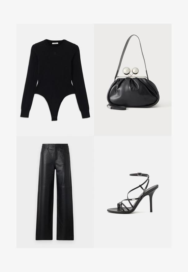 Bodysuit noir à manches longues avec un col rond, design ajusté et fond style thong. Fabriqué en tissu doux et élastique pour plus de confort.; Pantalons en cuir noir à jambes larges avec une texture lisse, dotés de poches avant, d'une fermeture par bouton et de détails de couture subtils.; Sandale noire à talons hauts avec des brides fines, une boucle à la cheville, une surface en cuir lisse et un talon aiguille élancé.; Sac à main en cuir noir avec un design plissé, une sangle unique, un cadre métallique argenté et deux grandes fermoirs ronds en argent.