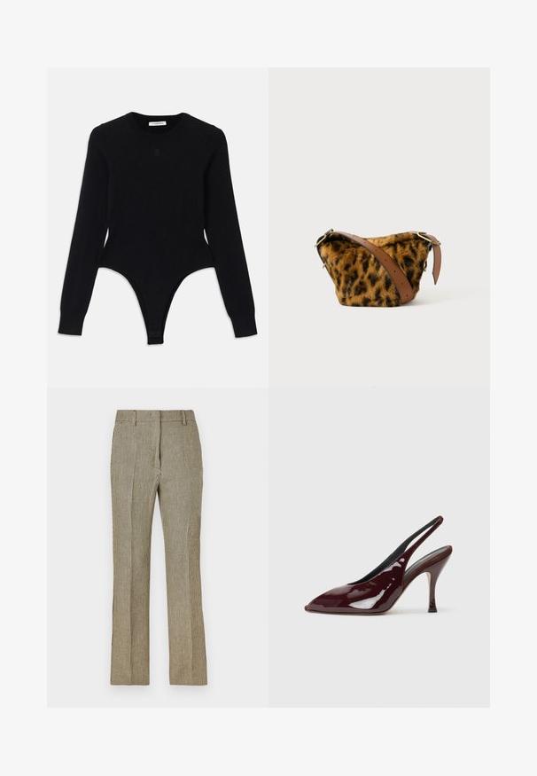 Bodysuit noir à manches longues avec un col rond, design ajusté et fond style thong. Fabriqué en tissu doux et élastique pour plus de confort.; Pantalons ajustés à carreaux beiges et noirs avec une jambe droite, dotés de passants de ceinture et de poches latérales, fabriqués dans un tissu lisse.; NEOUS HAMAL - Escarpins à talons hauts - dark chocolate; Sac en fausse fourrure imprimé léopard avec une bandoulière en cuir marron, présentant une forme arrondie et des accents en métal doré.